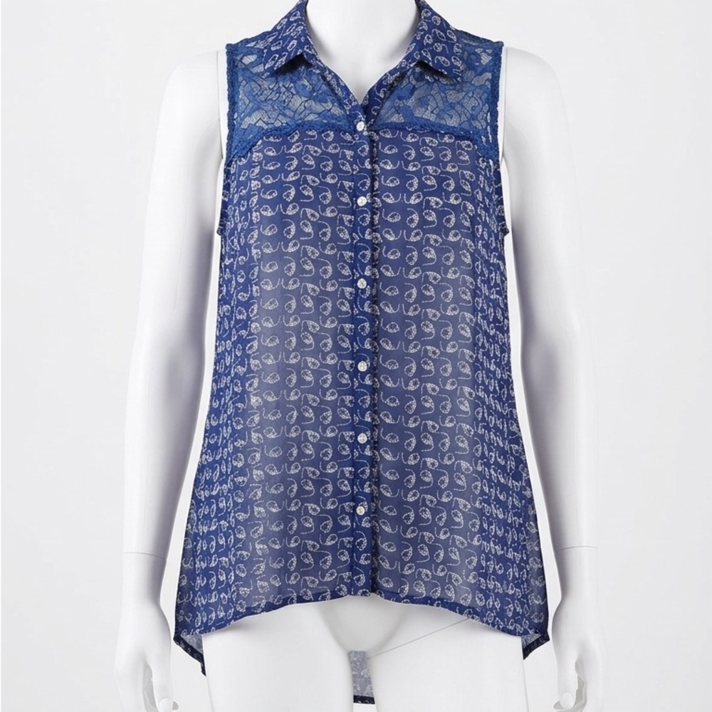 Atmosphere Navy Blue Sleeveless Paisley Blouse With Lace Yoke Women’s M Top